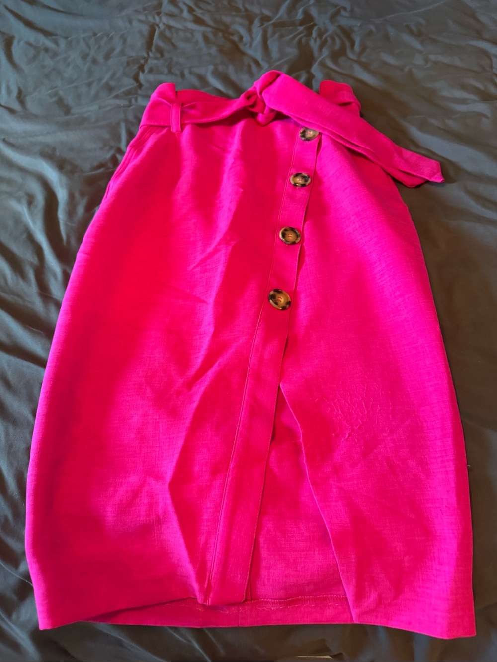 River Island Hot Pink Button-Front Pencil Skirt with Waist Tie